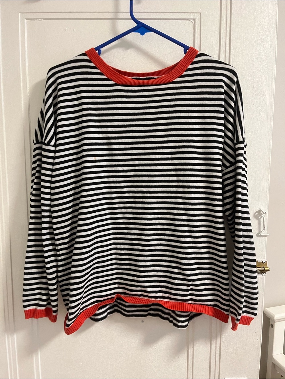 Striped Black & White Sweater with Red Trim